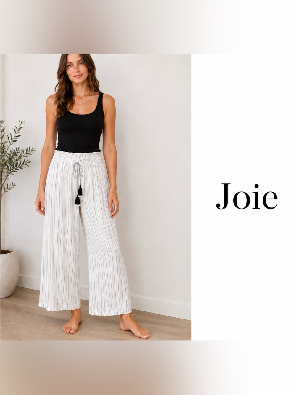 Joie White Striped Wide-Leg Tassel Drawstring Pants